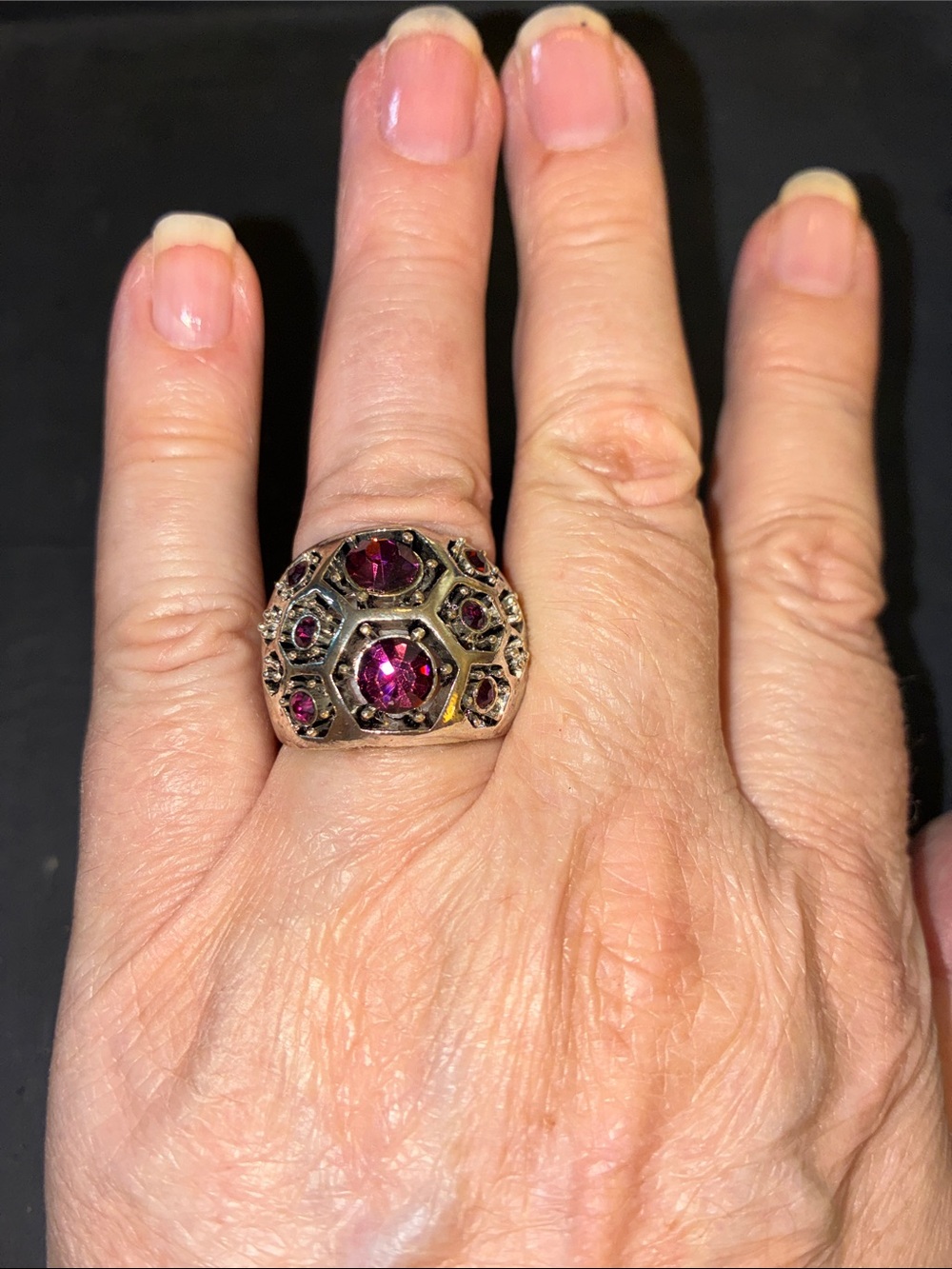Vintage-Style Silver Stretch Ring with Deep Pink Gemstones